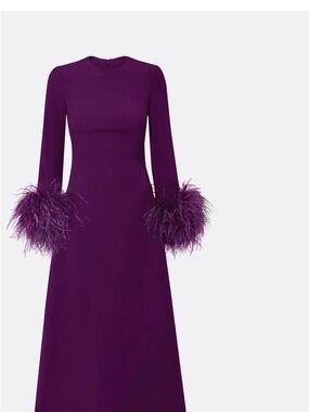Safiyaa Long Sleeve Plum Feather-Cuff Evening Gown